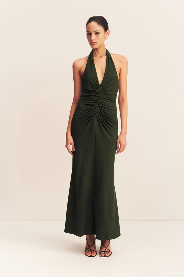 BEAU HALTER RUCHED MIDI DRESS - ARMY GREEN_F