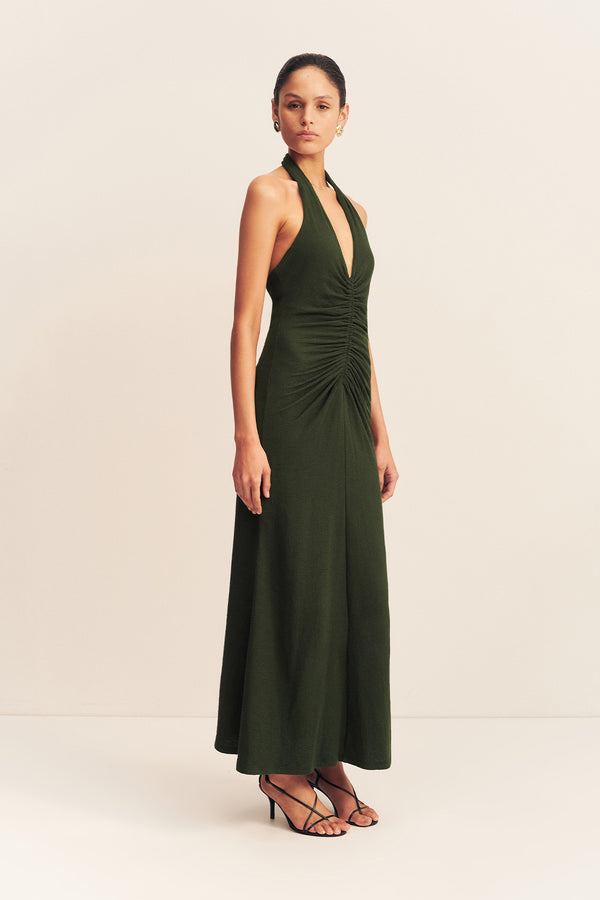 BEAU HALTER RUCHED MIDI DRESS - ARMY GREEN_A