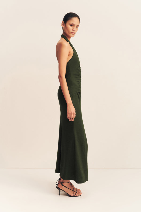 BEAU HALTER RUCHED MIDI DRESS - ARMY GREEN_S
