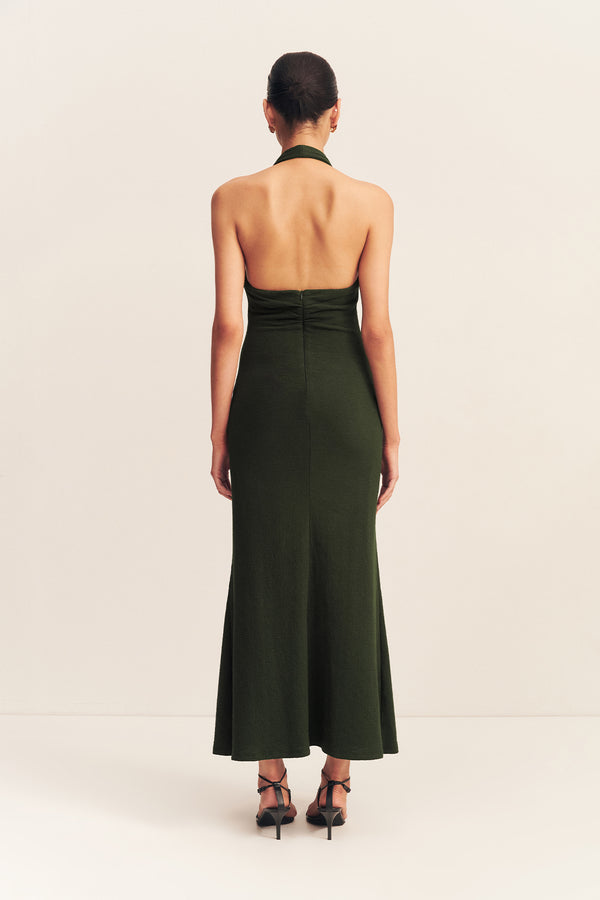 BEAU HALTER RUCHED MIDI DRESS - ARMY GREEN_B