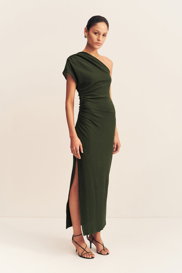 BEAU ASYMMETRICAL MIDI DRESS - ARMY GREEN_A