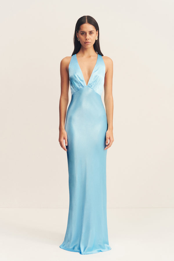 LA LUNE PLUNGED CROSS BACK MAXI DRESS - ICEBERG BLUE_F