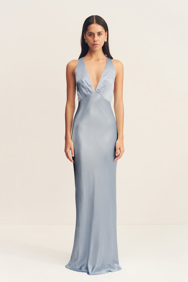 LA LUNE PLUNGED CROSS BACK MAXI DRESS - POWDER BLUE_F