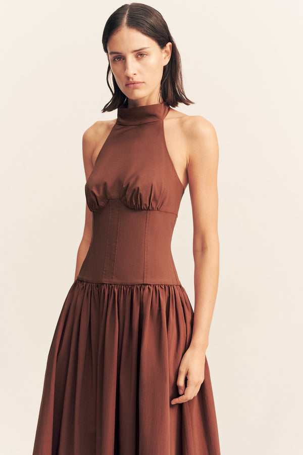 CAMPBELL HALTER NECK MIDI DRESS - ESPRESSO