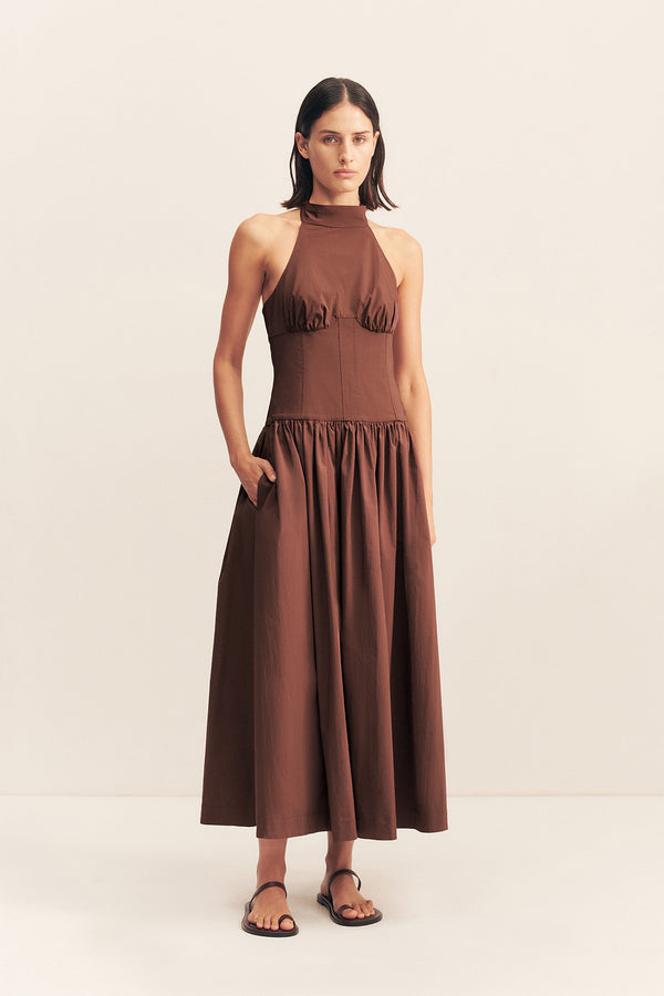 CAMPBELL HALTER NECK MIDI DRESS - ESPRESSO_F
