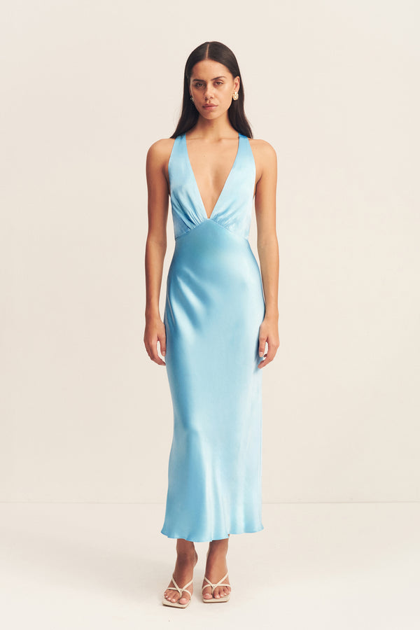 LA LUNE PLUNGED CROSS BACK MIDI DRESS - ICEBERG BLUE_F