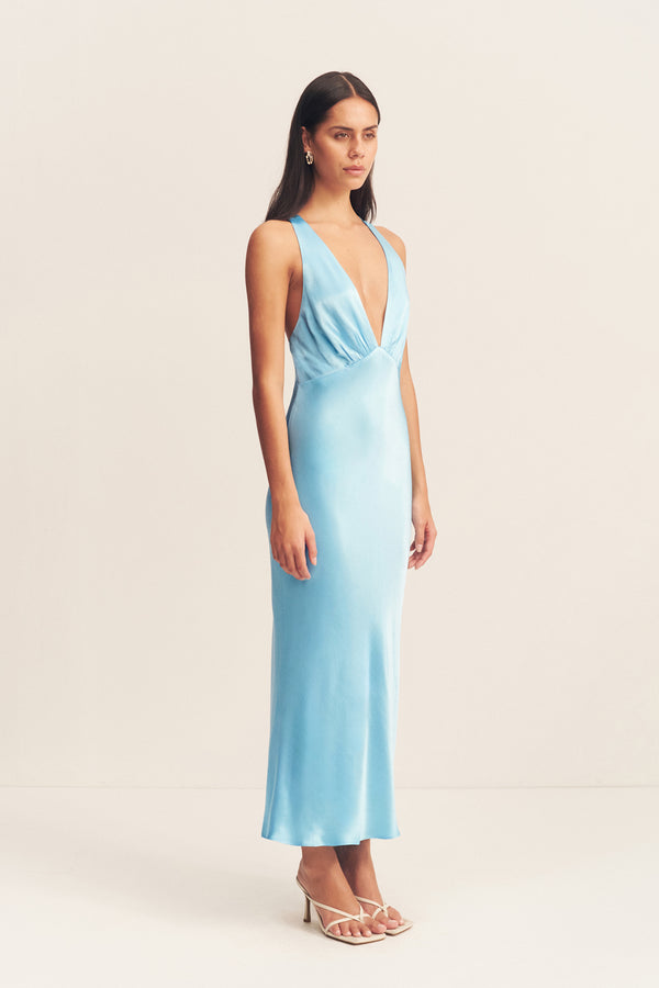 LA LUNE PLUNGED CROSS BACK MIDI DRESS - ICEBERG BLUE_A