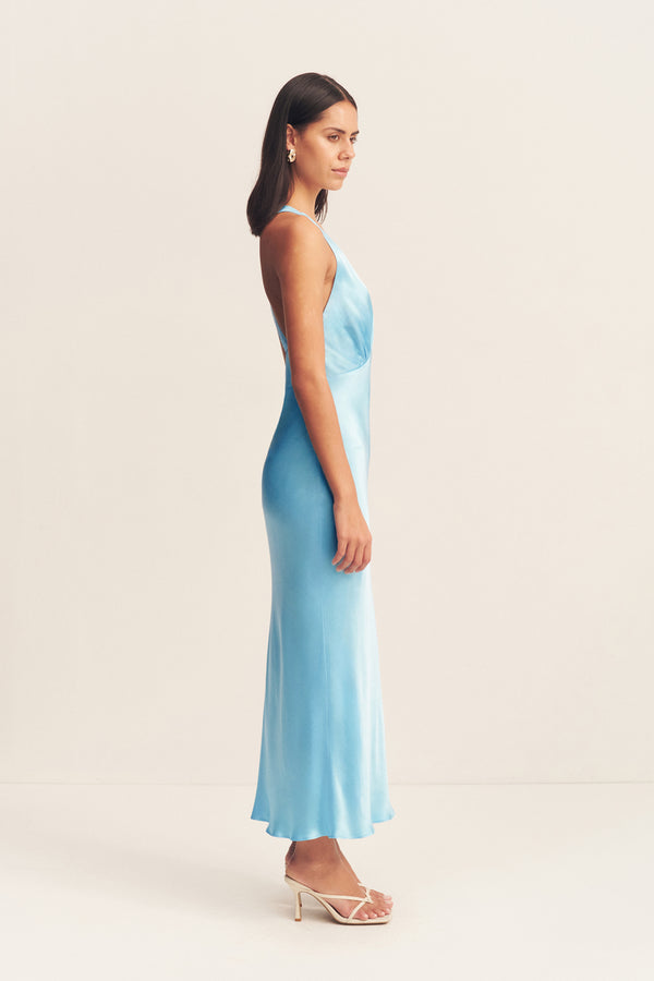 LA LUNE PLUNGED CROSS BACK MIDI DRESS - ICEBERG BLUE_S