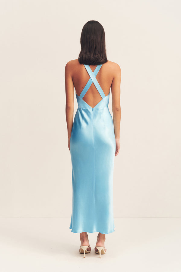LA LUNE PLUNGED CROSS BACK MIDI DRESS - ICEBERG BLUE_B