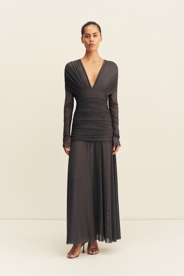 MIRA MESH PLUNGED GATHERED MAXI DRESS - SHADOW_F