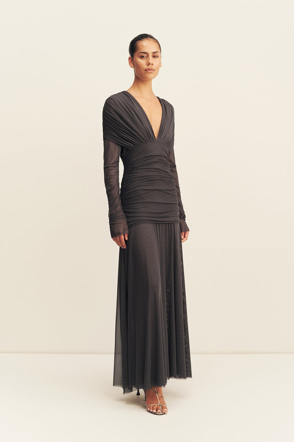 MIRA MESH PLUNGED GATHERED MAXI DRESS - SHADOW