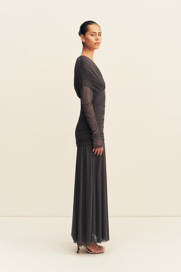 MIRA MESH PLUNGED GATHERED MAXI DRESS - SHADOW