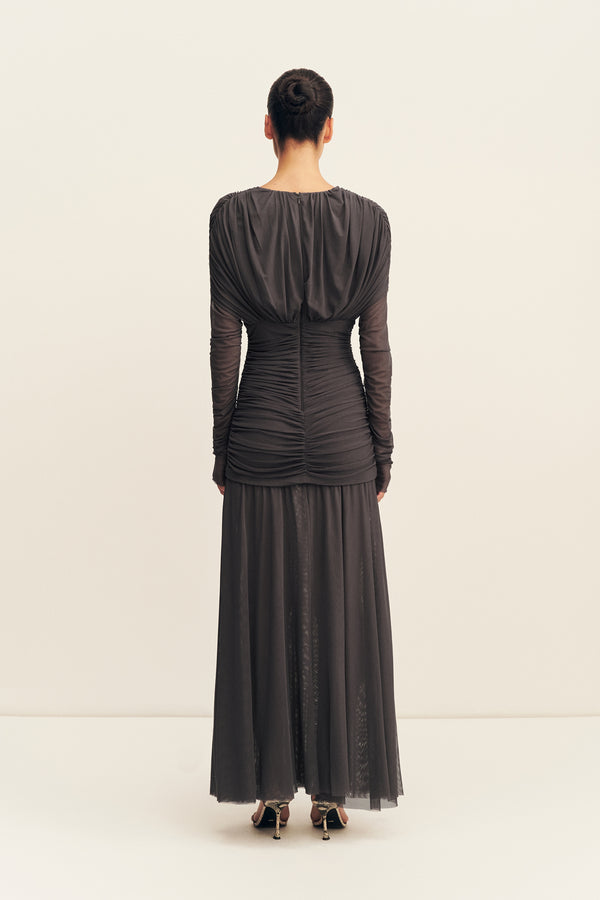MIRA MESH PLUNGED GATHERED MAXI DRESS - SHADOW