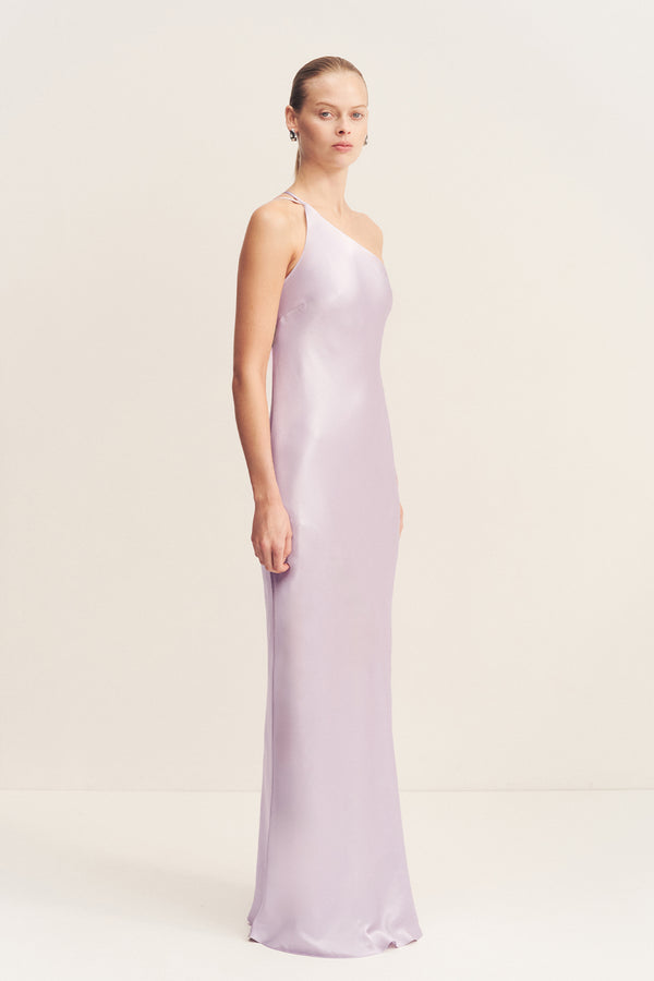 LA LUNE ONE SHOULDER COWL BACK MAXI DRESS - LILAC