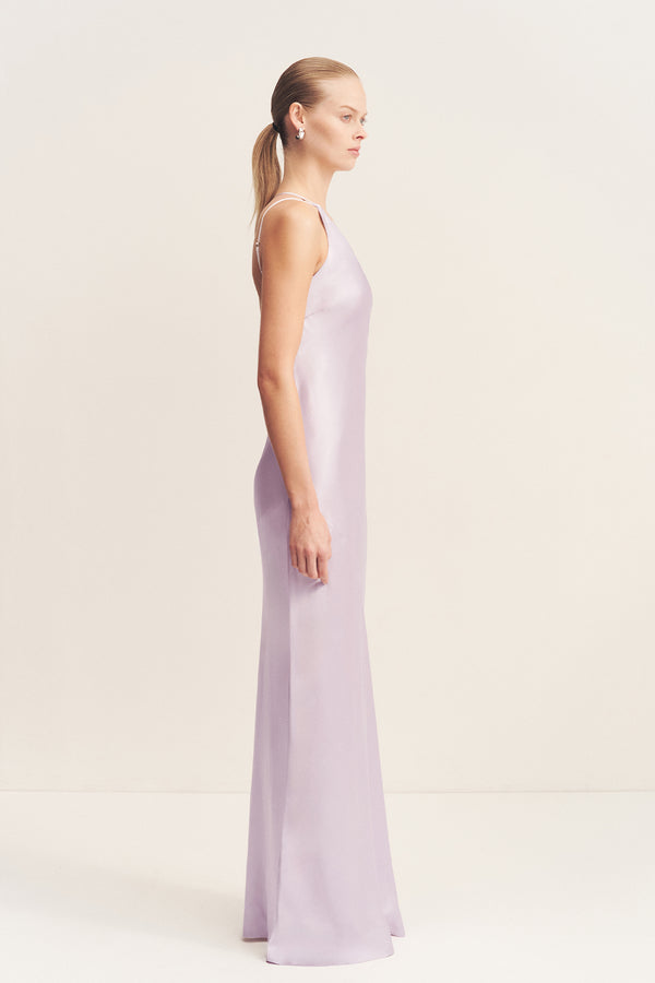 LA LUNE ONE SHOULDER COWL BACK MAXI DRESS - LILAC