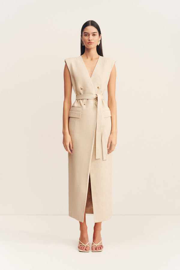 NEWMAN SLEEVELESS BLAZER MIDI DRESS - PARCHMENT_F