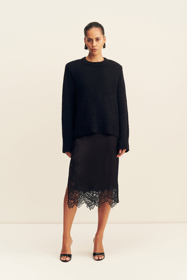 ENIKO LACE SPLIT MIDI SKIRT - BLACK_F