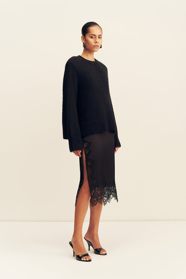 ENIKO LACE SPLIT MIDI SKIRT - BLACK