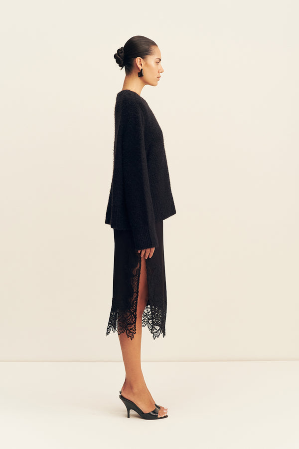 ENIKO LACE SPLIT MIDI SKIRT - BLACK