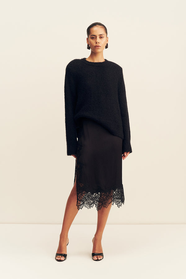ENIKO LACE SPLIT MIDI SKIRT - BLACK