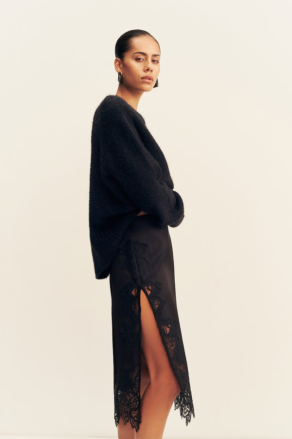 ENIKO LACE SPLIT MIDI SKIRT - BLACK