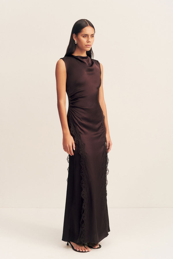 ALLEGRA LACE PANELLED MAXI DRESS - ESPRESSO_A