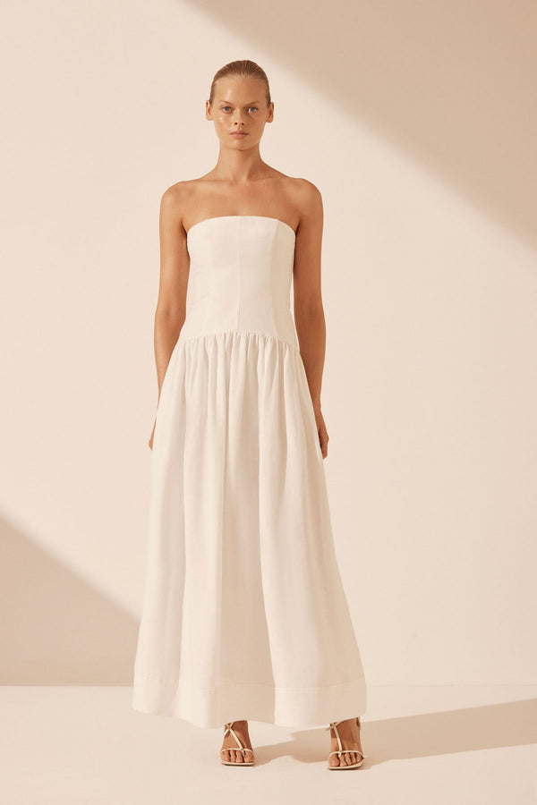 BLANC LINEN STRAPLESS PANELLED MAXI DRESS_F
