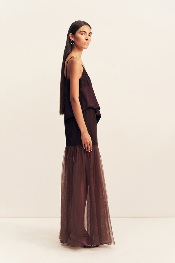 HALO SHEER MAXI SKIRT - ESPRESSO