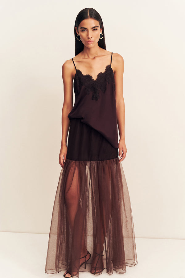 HALO SHEER MAXI SKIRT - ESPRESSO
