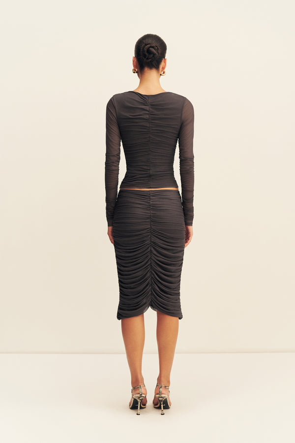 MIRA MESH GATHERED MIDI SKIRT - SHADOW