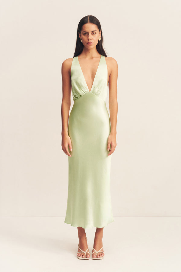 LA LUNE PLUNGED CROSS BACK MIDI DRESS - KEY LIME_F