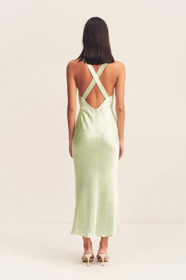 LA LUNE PLUNGED CROSS BACK MIDI DRESS - KEY LIME