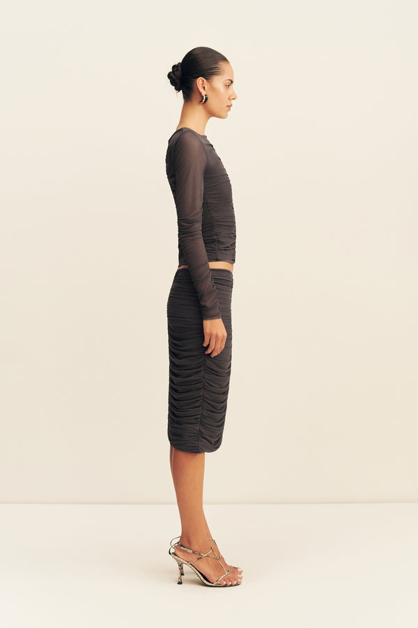 MIRA MESH GATHERED MIDI SKIRT - SHADOW