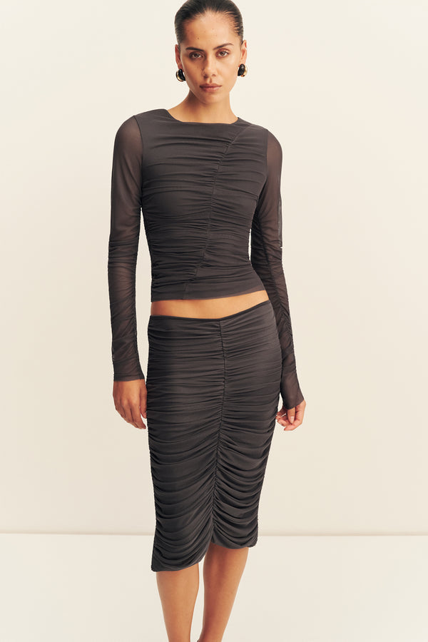 MIRA MESH GATHERED MIDI SKIRT - SHADOW