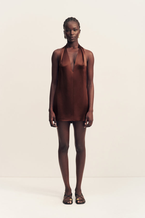 SAVANNA HALTER NECK MINI DRESS - COFFEE_F