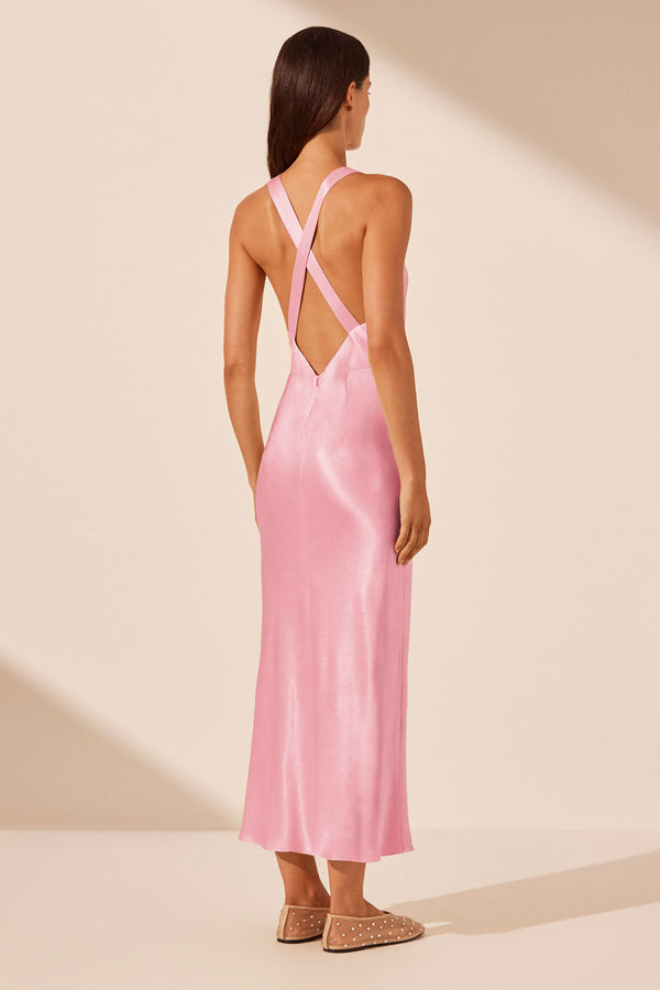 LA LUNE PLUNGED CROSS BACK MIDI DRESS - PEONY_B