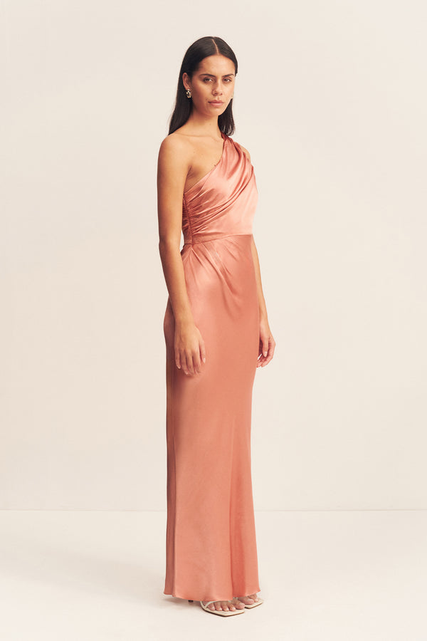 LA LUNE GATHERED ONE SHOULDER MAXI DRESS - ANTIQUE ROSE
