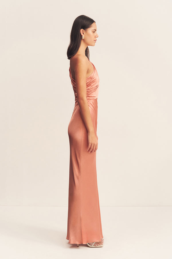 LA LUNE GATHERED ONE SHOULDER MAXI DRESS - ANTIQUE ROSE