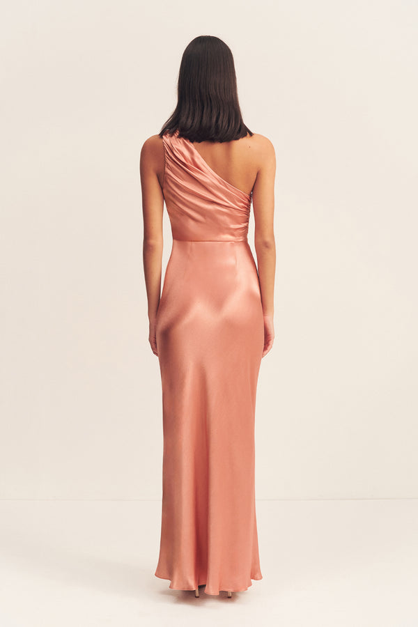LA LUNE GATHERED ONE SHOULDER MAXI DRESS - ANTIQUE ROSE