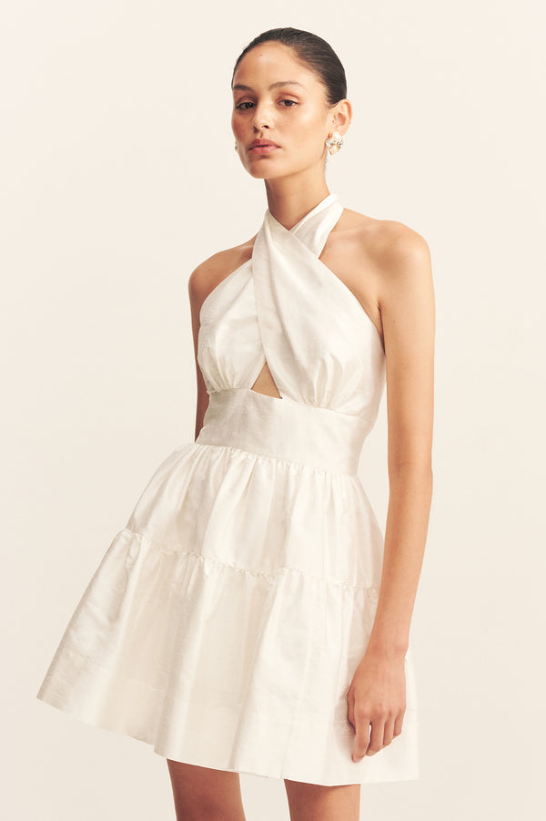 LUCERO 100% SILK HALTER TIERED MINI DRESS