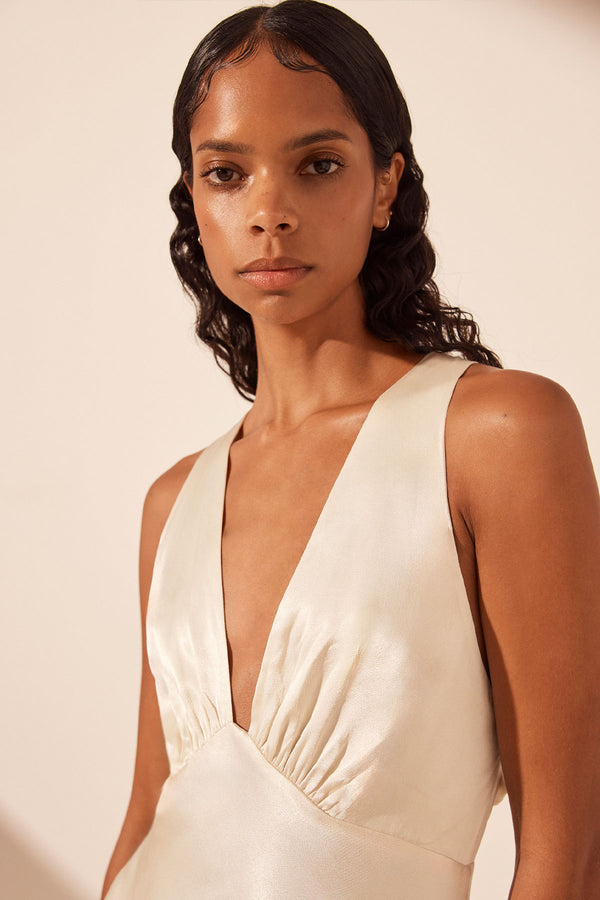 LA LUNE PLUNGED CROSS BACK MIDI DRESS - CREAM_D