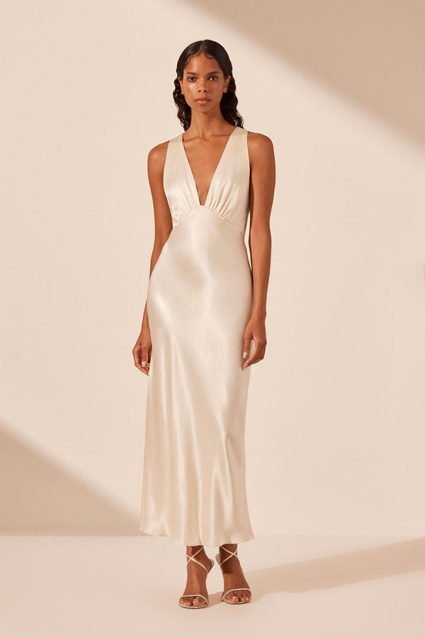 LA LUNE PLUNGED CROSS BACK MIDI DRESS - CREAM_F
