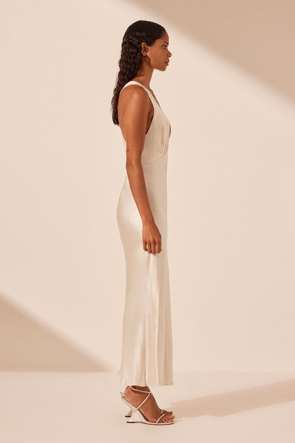 LA LUNE PLUNGED CROSS BACK MIDI DRESS - CREAM_S