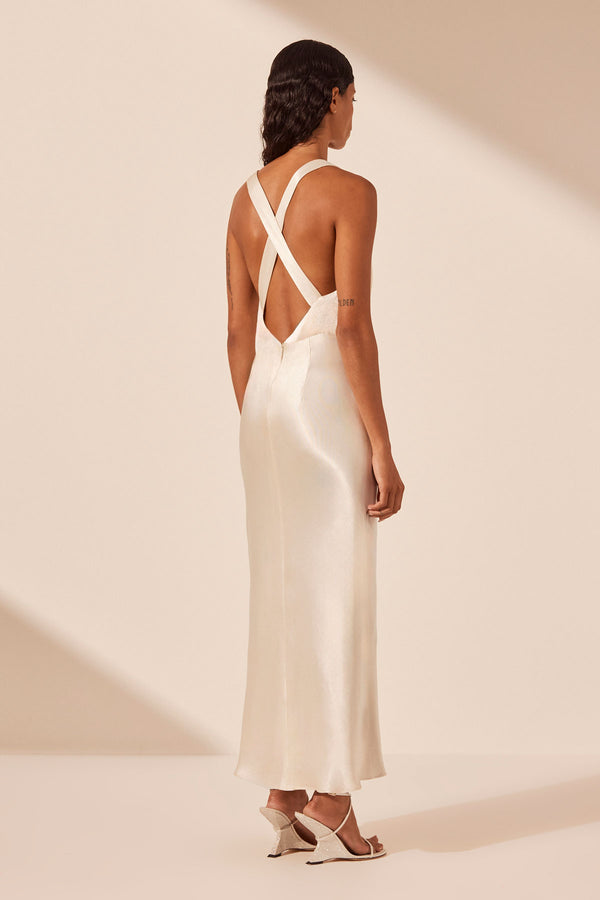 LA LUNE PLUNGED CROSS BACK MIDI DRESS - CREAM_B