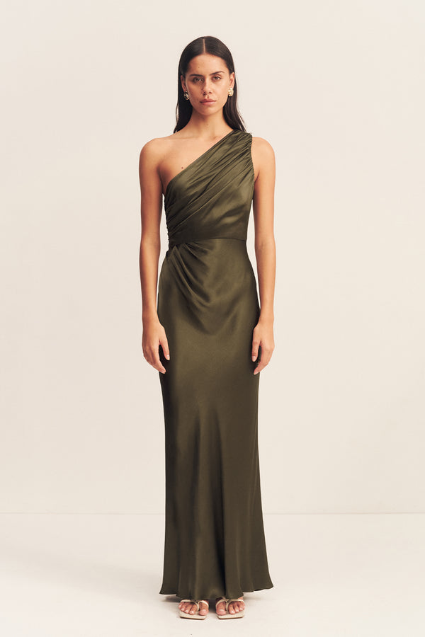 LA LUNE GATHERED ONE SHOULDER MAXI DRESS - FOREST_F