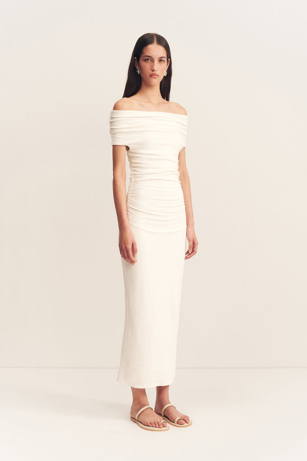BEAU OFF SHOULDER MIDI DRESS - IVORY_A
