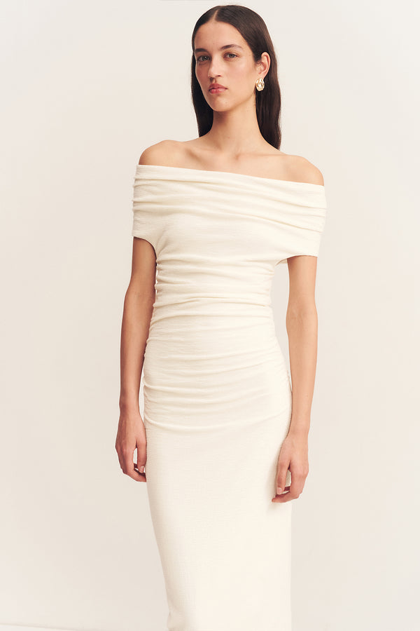 BEAU OFF SHOULDER MIDI DRESS - IVORY_D