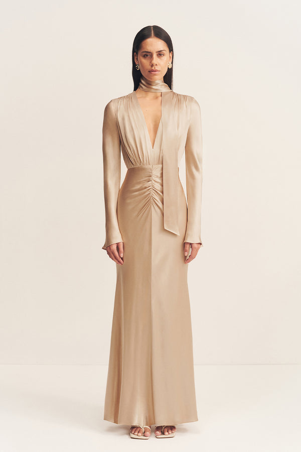 La Lune Plunged Long Sleeve Maxi Dress | Gold | Dresses | Shona Joy La Lune Plunged Long Sleeve Maxi Dress | Gold | Dresses | Shona Joy