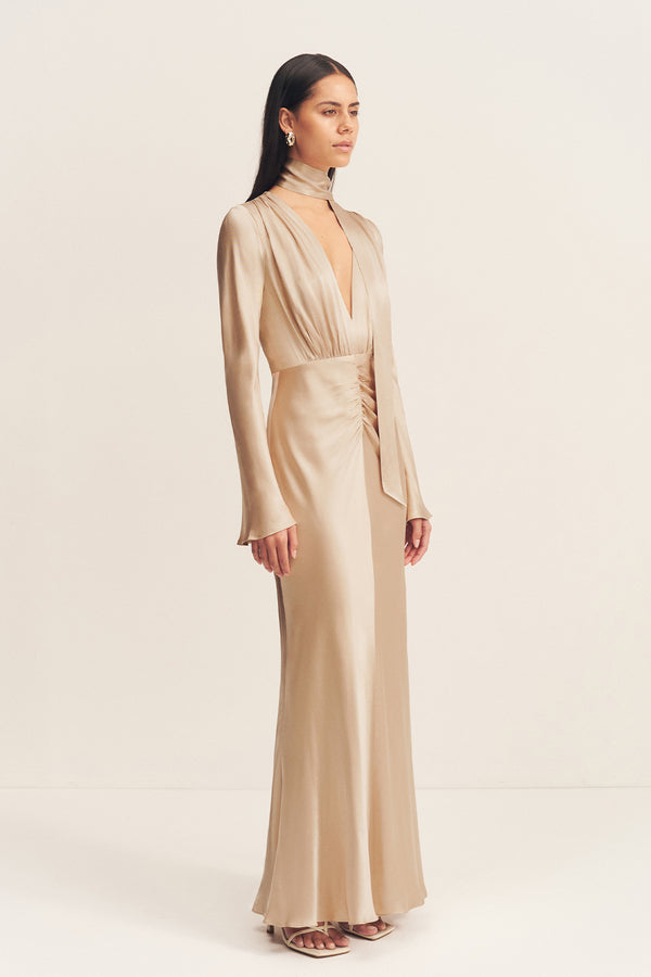 La Lune Plunged Long Sleeve Maxi Dress | Gold | Dresses | Shona Joy La Lune Plunged Long Sleeve Maxi Dress | Gold | Dresses | Shona Joy
