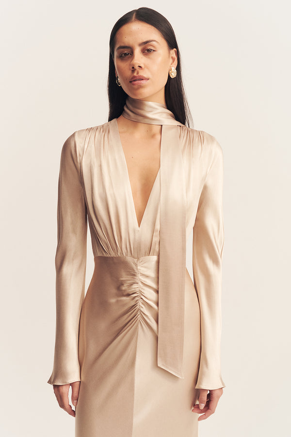 LA LUNE PLUNGED LONG SLEEVE MAXI DRESS - GOLD